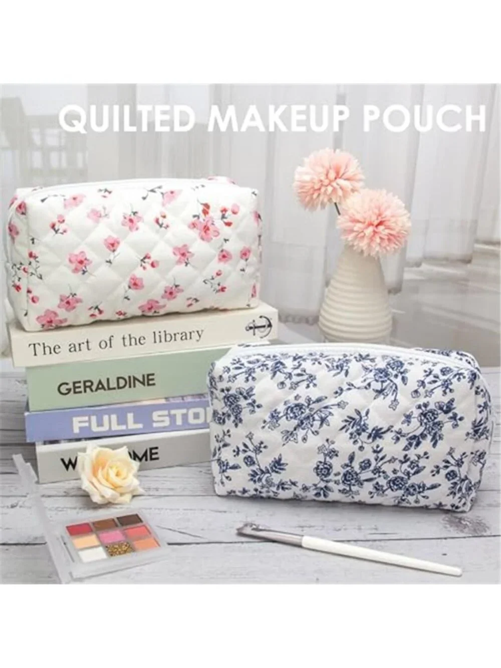 Vintage Quilted Makeup Bag Cosmetic Pouch Travel Toiletry Brush Organizer Blue